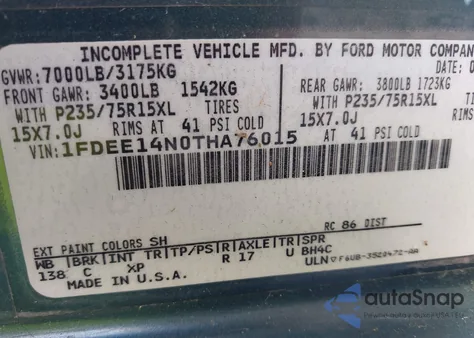 1996 Ford Econoline E150 Van из США, поврежденный, VIN 1FDEE14NOTHA76015